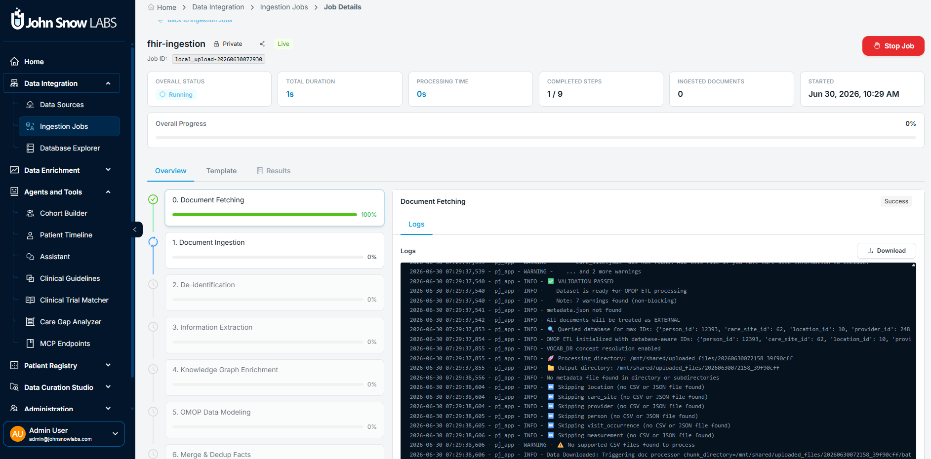 Ingestion progress screen showing real-time step-level status and document counts for each pipeline stage